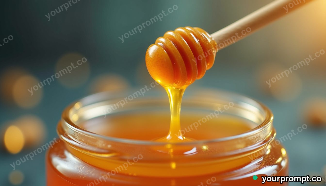 Honey dripping in a golden ribbon, close-up in isometric miniature style — AI-generated image from a text prompt