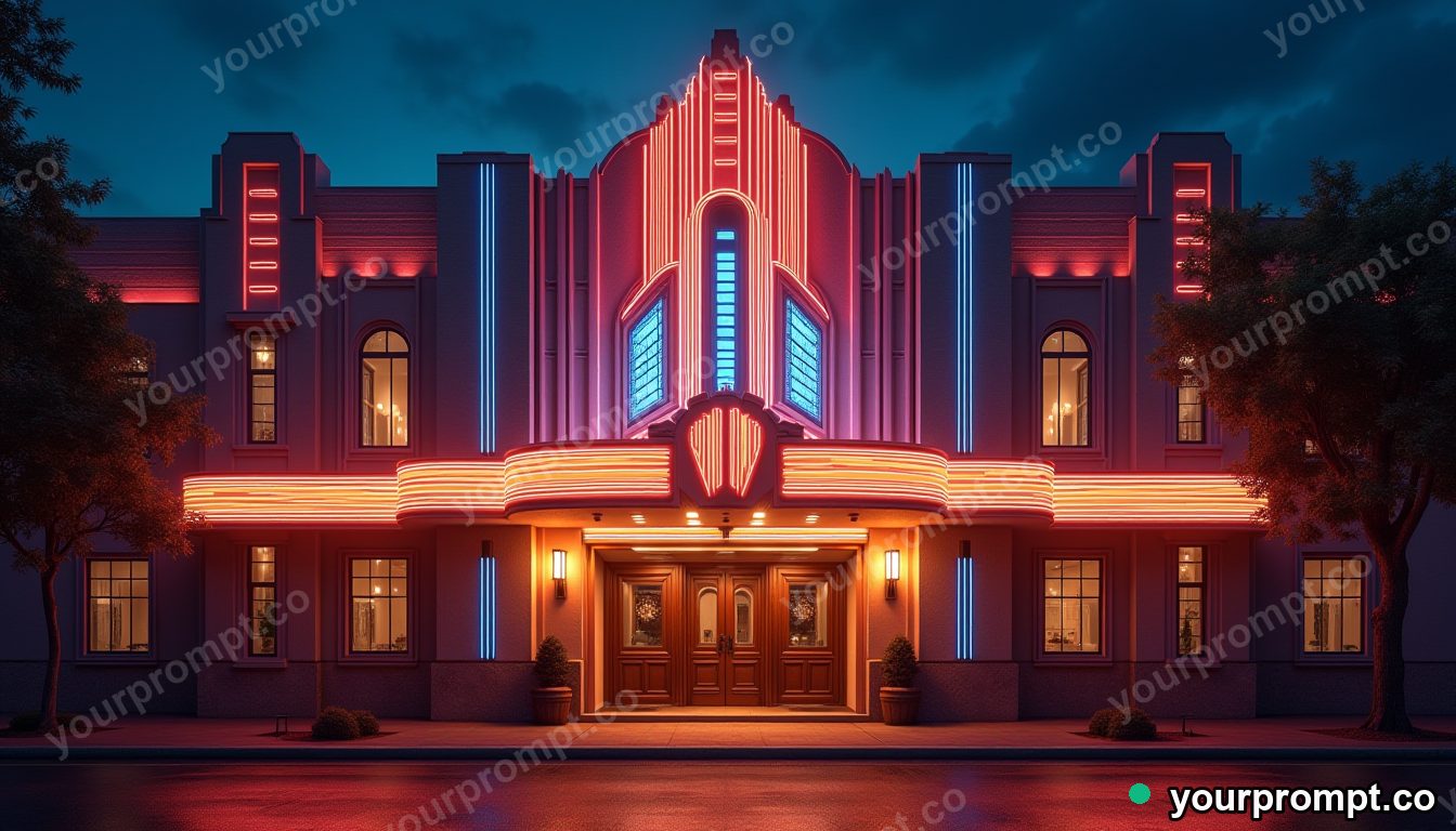 An art-deco theater facade glowing at night in epic fantasy concept art style — AI-generated image from a text prompt