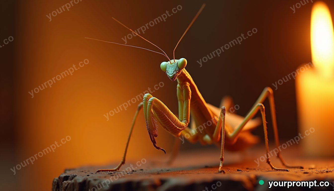 A praying mantis in striking pose, extreme close-up in airbrushed retro sci-fi style — AI-generated image from a text prompt