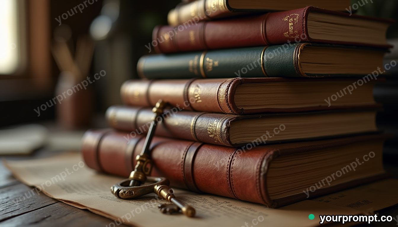 A stack of old leather books with a brass key in tilt-shift miniature style — AI-generated image from a text prompt