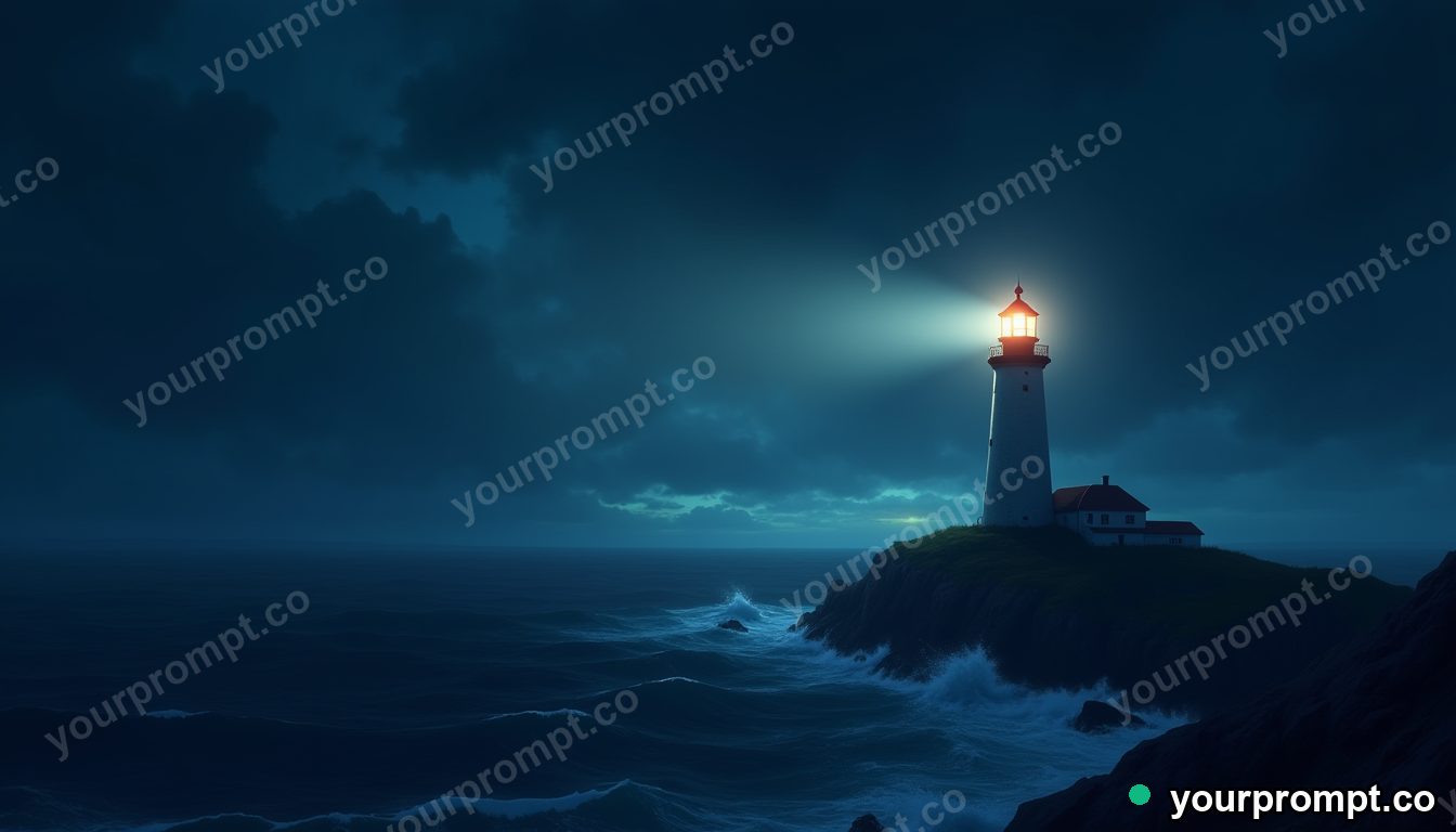 A lone lighthouse beam sweeping a dark stormy sea in anime illustration style — AI-generated image from a text prompt