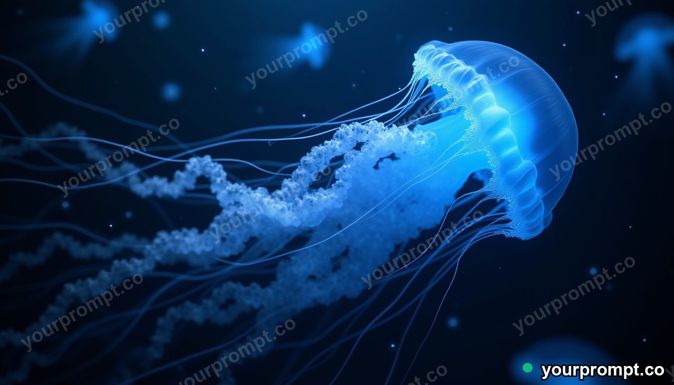 A bioluminescent jellyfish bloom in dark water in photorealistic style — AI-generated image from a text prompt