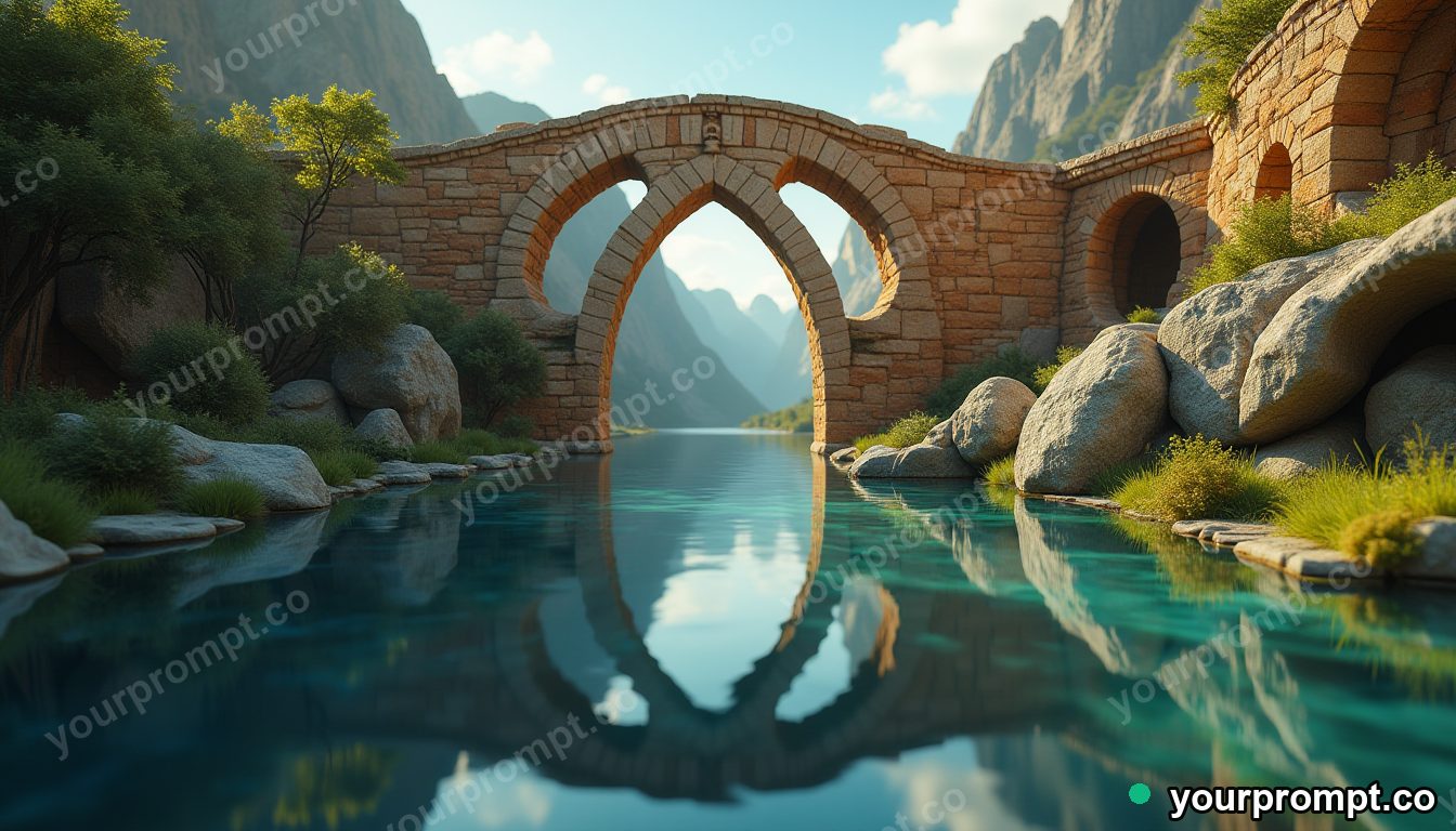 An ancient arched bridge reflected in still water in claymation stop-motion style — AI-generated image from a text prompt