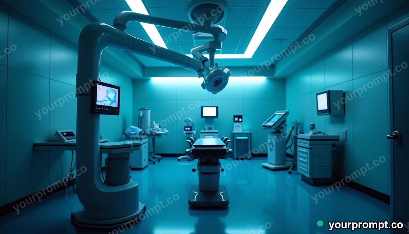 A robotic surgery suite bathed in soft light in clean minimalist style — AI-generated image from a text prompt
