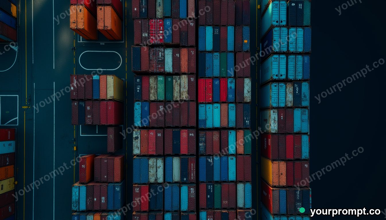 A top-down view of colorful shipping containers at a port in cinematic film still style — AI-generated image from a text prompt