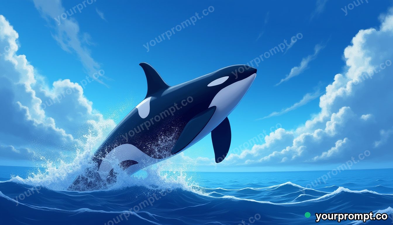An orca breaching against a dramatic sky in anime illustration style — AI-generated image from a text prompt