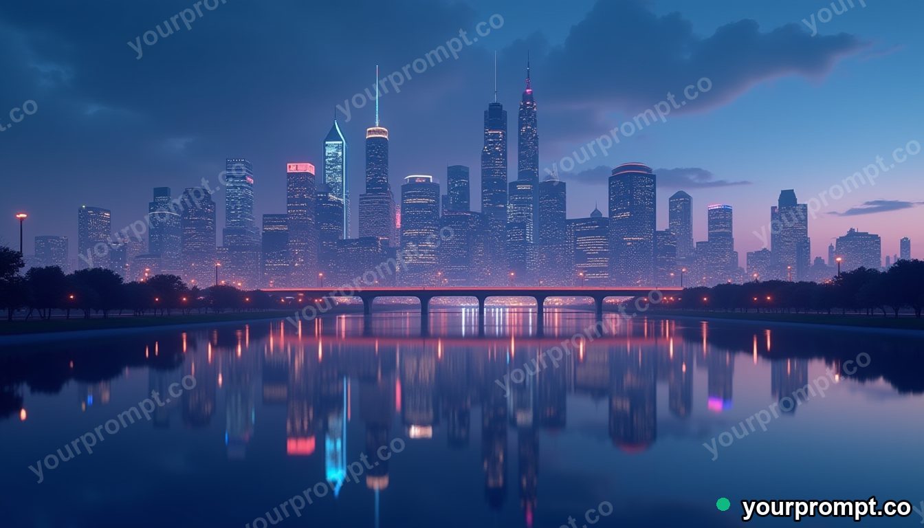 A city skyline mirrored in a calm river at night in low-poly 3D style — AI-generated image from a text prompt