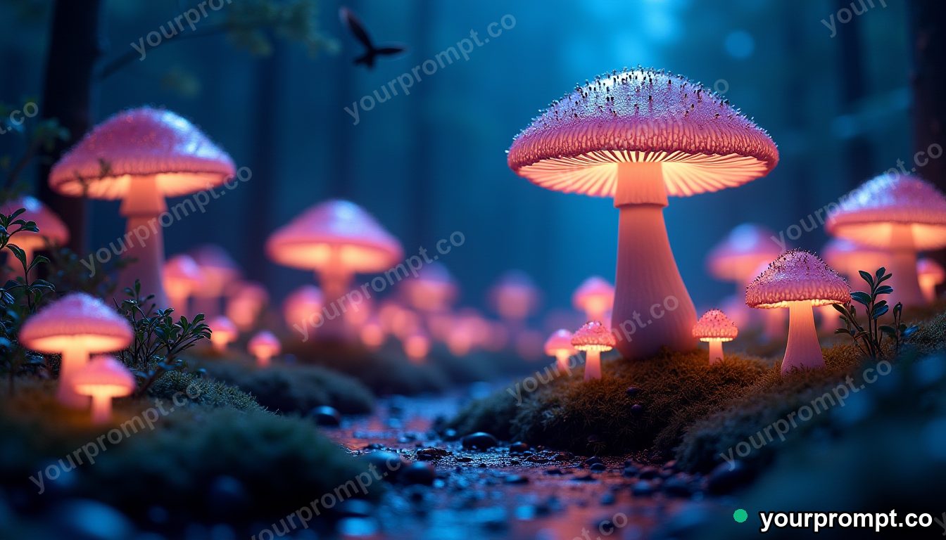 A glowing forest of giant luminous mushrooms at night in isometric miniature style — AI-generated image from a text prompt