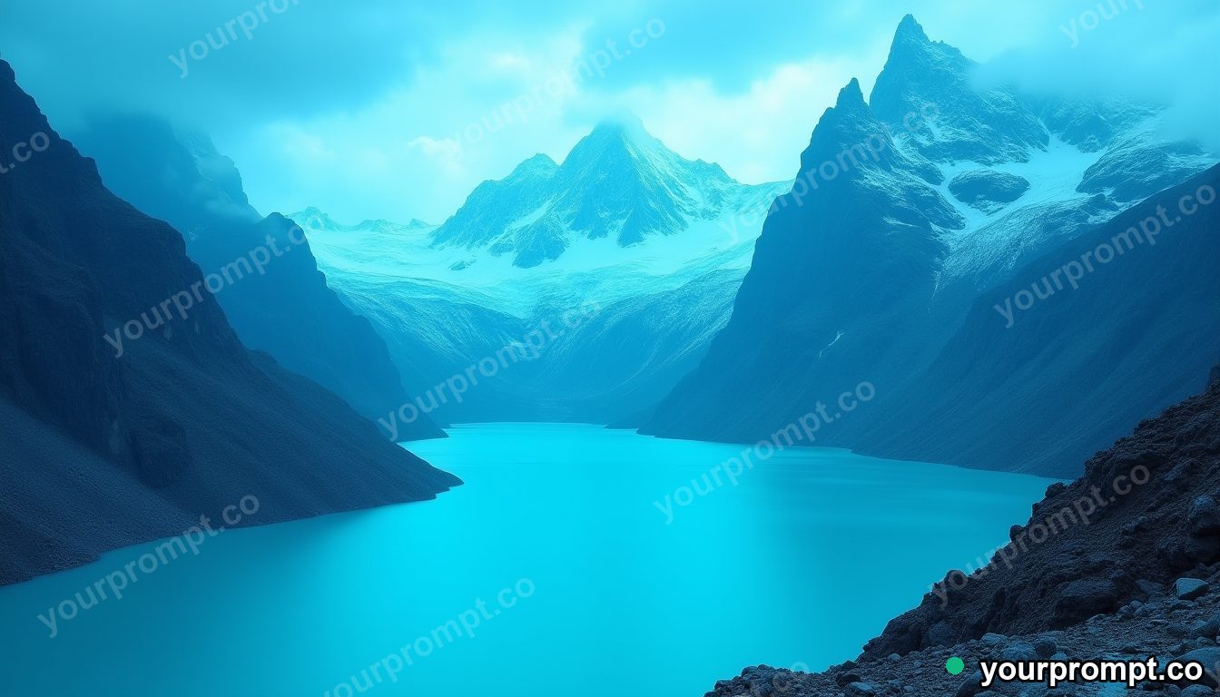 A turquoise glacier lake beneath jagged peaks in neon cyberpunk style — AI-generated image from a text prompt