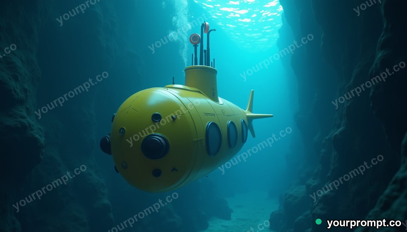 A yellow submarine exploring a glowing trench in 3D octane render style — AI-generated image from a text prompt