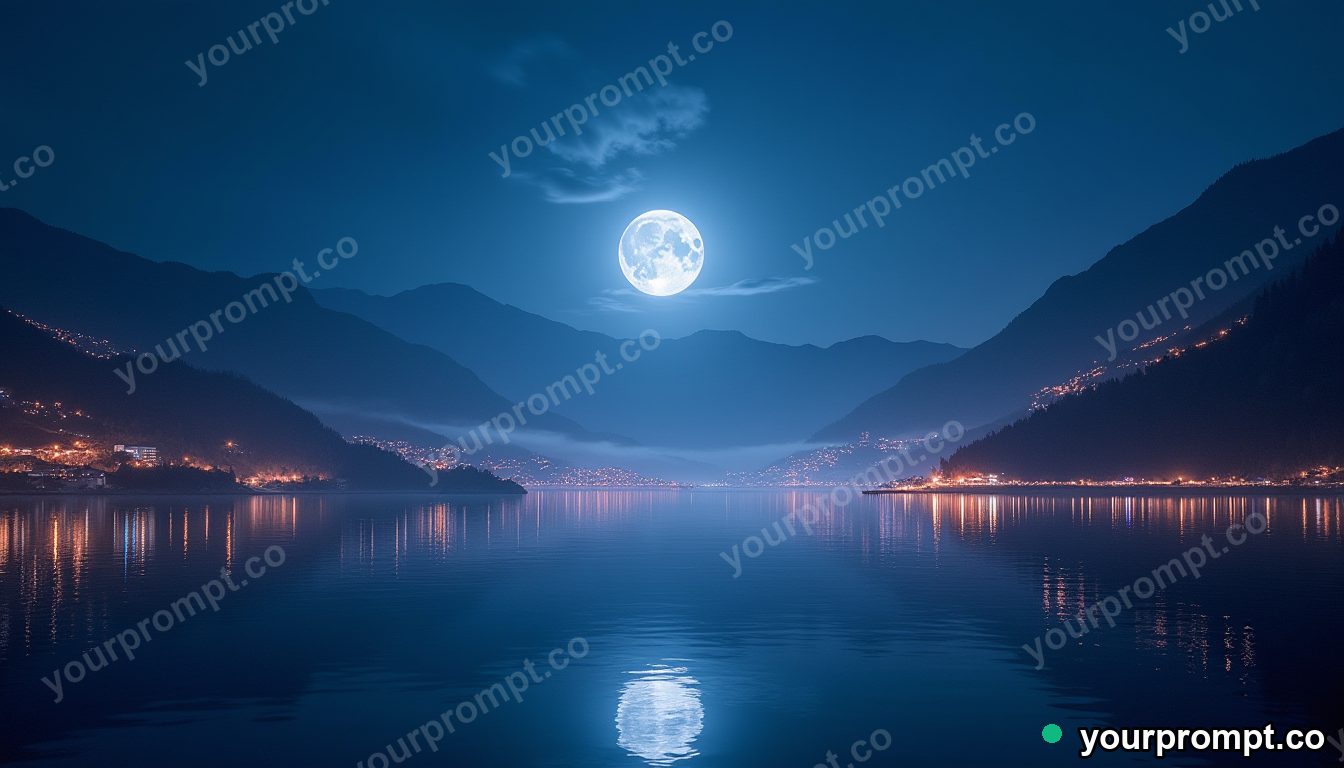 A moonlit lake reflecting an impossible city of light in studio product photography style — AI-generated image from a text prompt