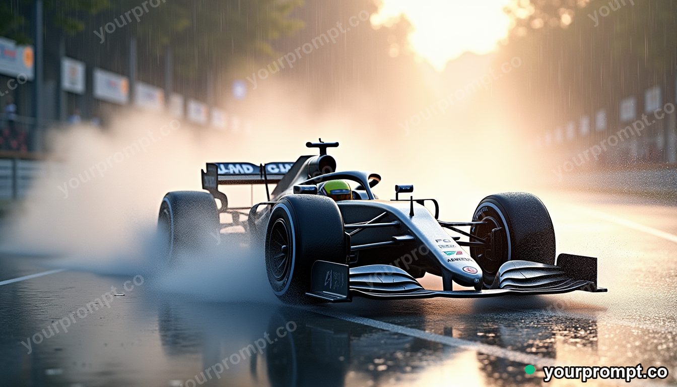 A Formula car blasting through a rainy corner with spray