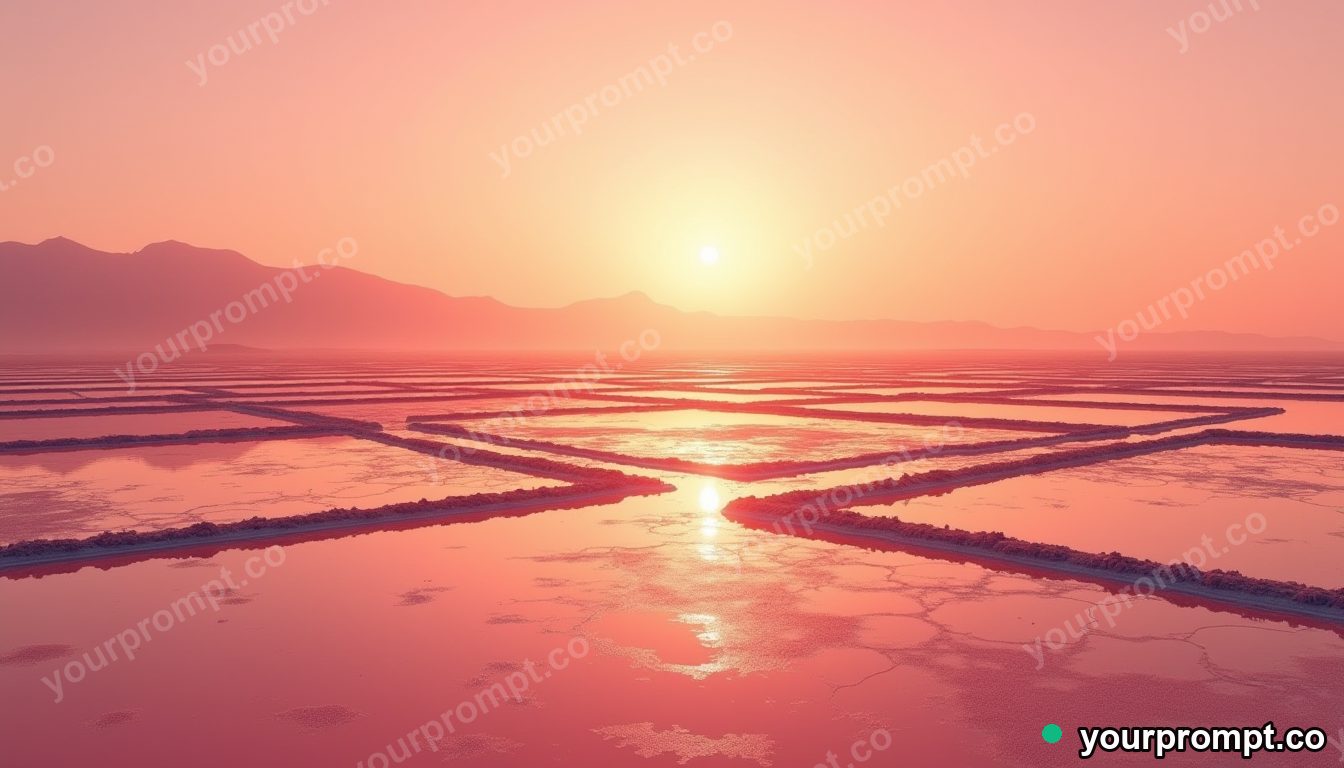 A bird's-eye view of salt evaporation ponds in pink and orange in warm storybook illustration style — AI-generated image from a text prompt