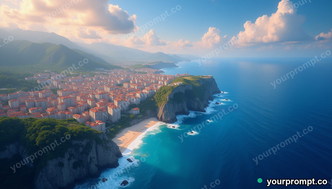 An aerial view of a coastal city meeting a deep blue sea in warm storybook illustration style — AI-generated image from a text prompt