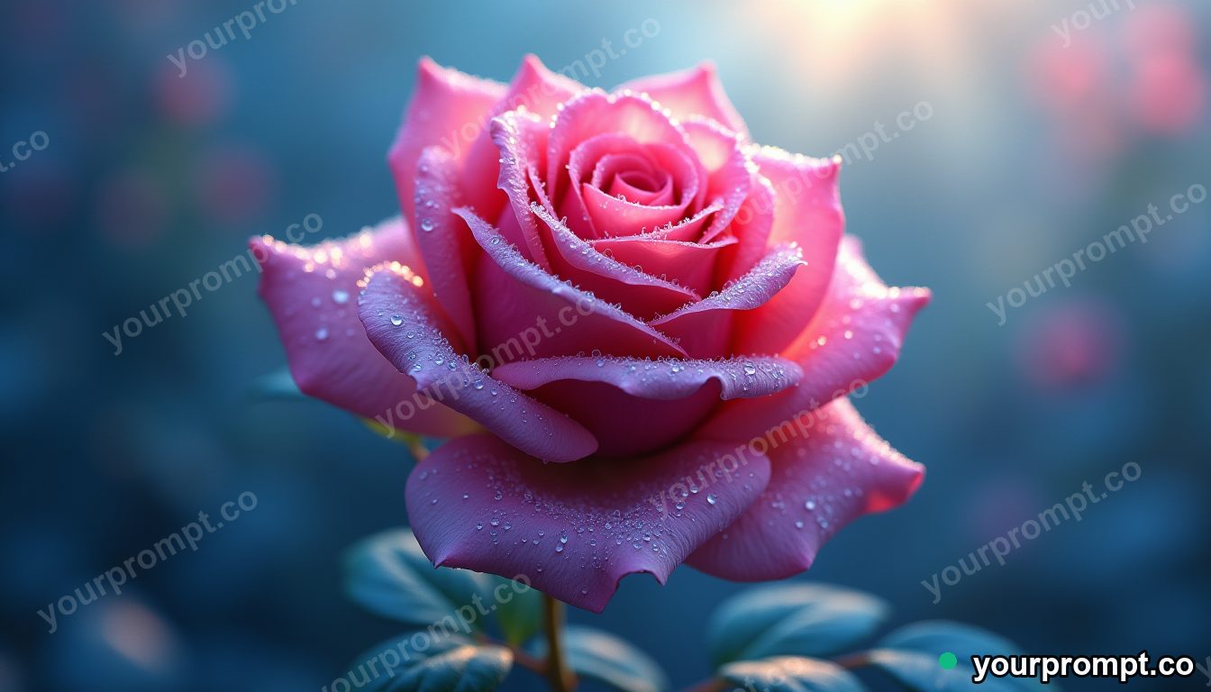 A single dew-covered rose in soft morning light, macro in anime illustration style — AI-generated image from a text prompt