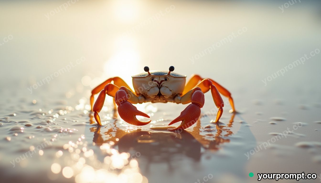 A crab scuttling across glistening wet sand in dreamy pastel style — AI-generated image from a text prompt