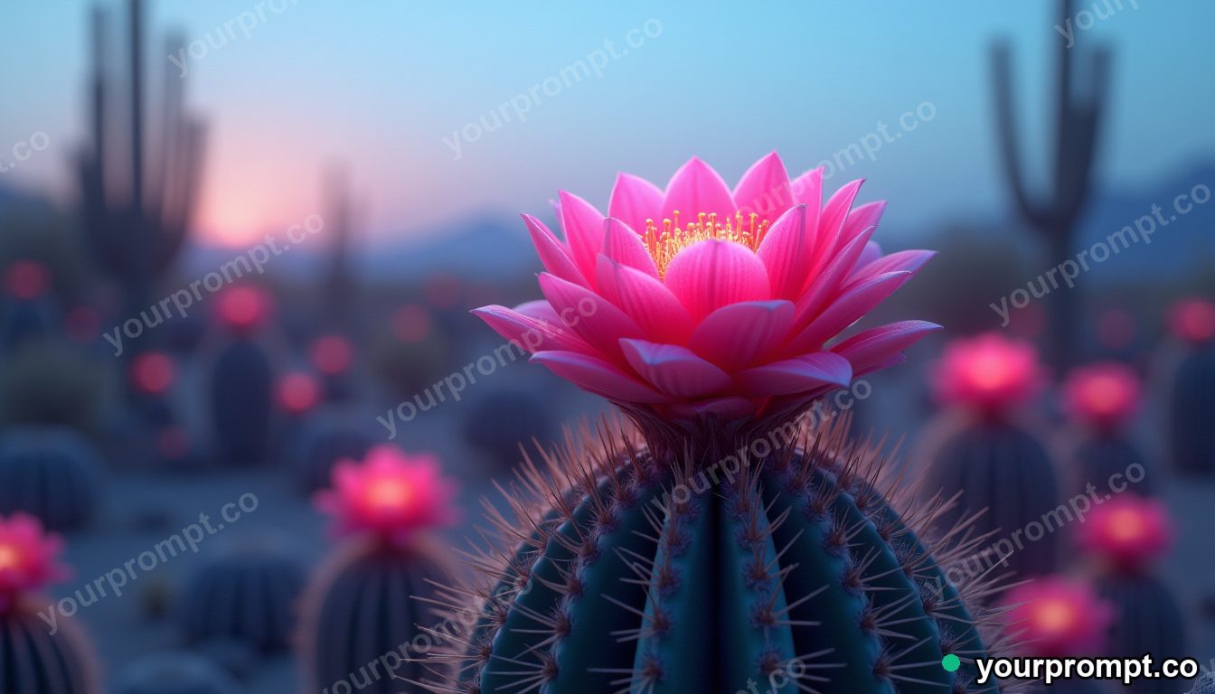 A cactus flowering bright pink in the desert in 3D octane render style — AI-generated image from a text prompt