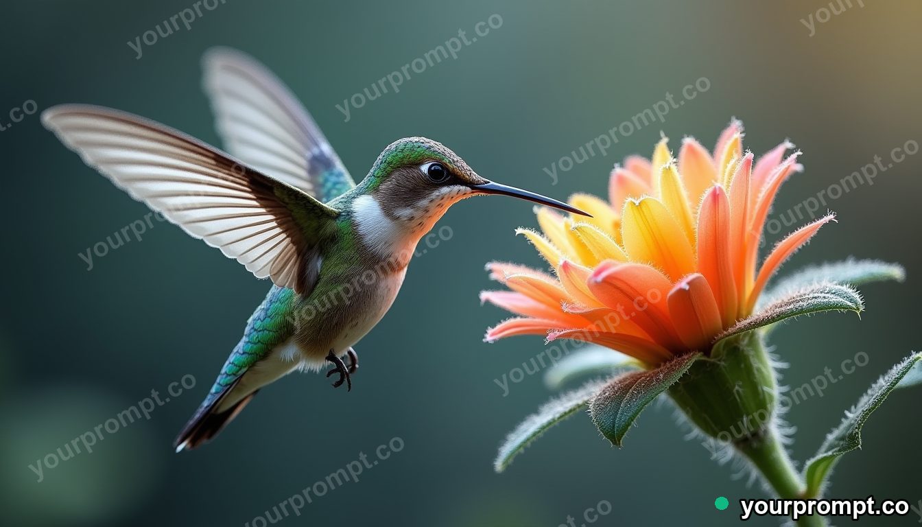 A hummingbird hovering at a bright flower, wings frozen in double-exposure style — AI-generated image from a text prompt