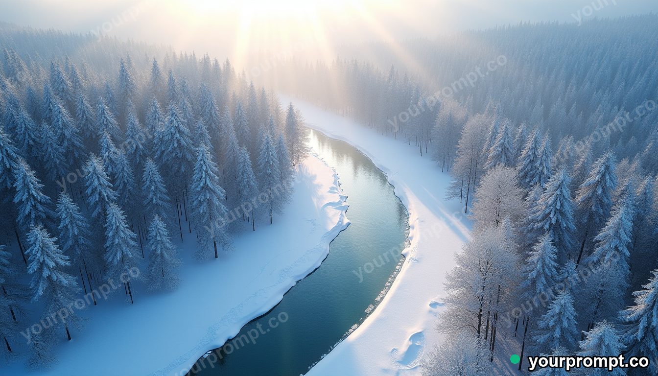 An aerial view of a snow-covered forest cut by a frozen river in stained-glass mosaic style — AI-generated image from a text prompt
