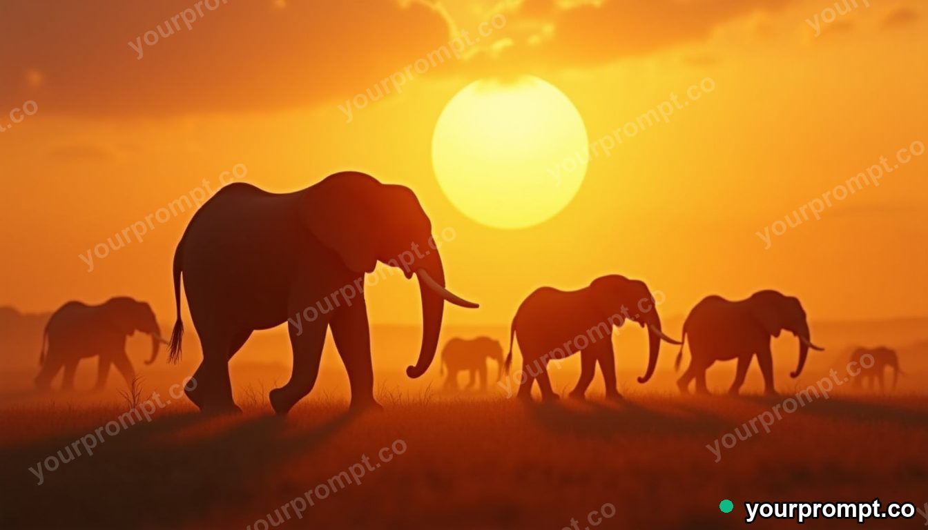 An elephant herd crossing a dusty plain at sunset in claymation stop-motion style — AI-generated image from a text prompt