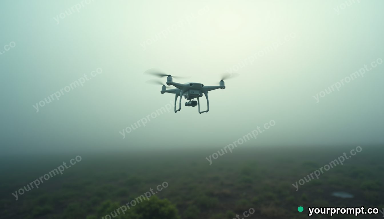 A battle drone hovering over a foggy battlefield in cinematic film still style — AI-generated image from a text prompt