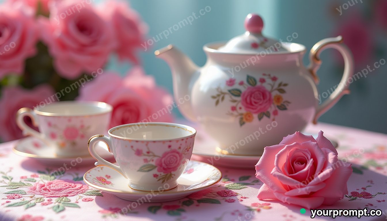 A teapot and porcelain cups on an embroidered cloth in vaporwave synthwave style — AI-generated image from a text prompt