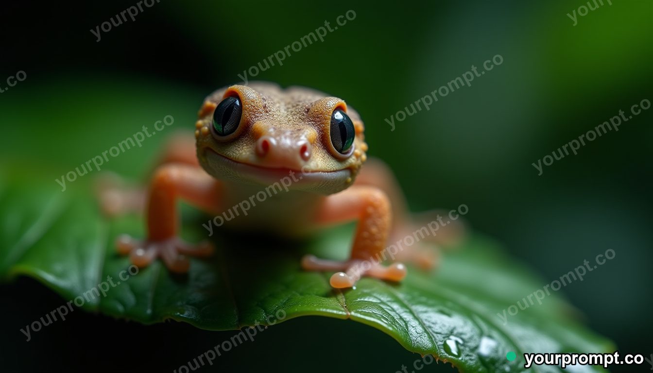 A gecko with sticky toes on a wet leaf, macro in isometric miniature style — AI-generated image from a text prompt