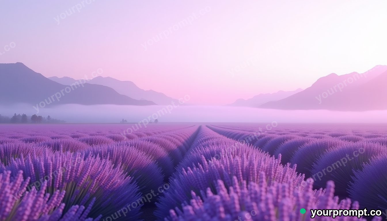 A lavender field stretching to misty mountains in vaporwave synthwave style — AI-generated image from a text prompt