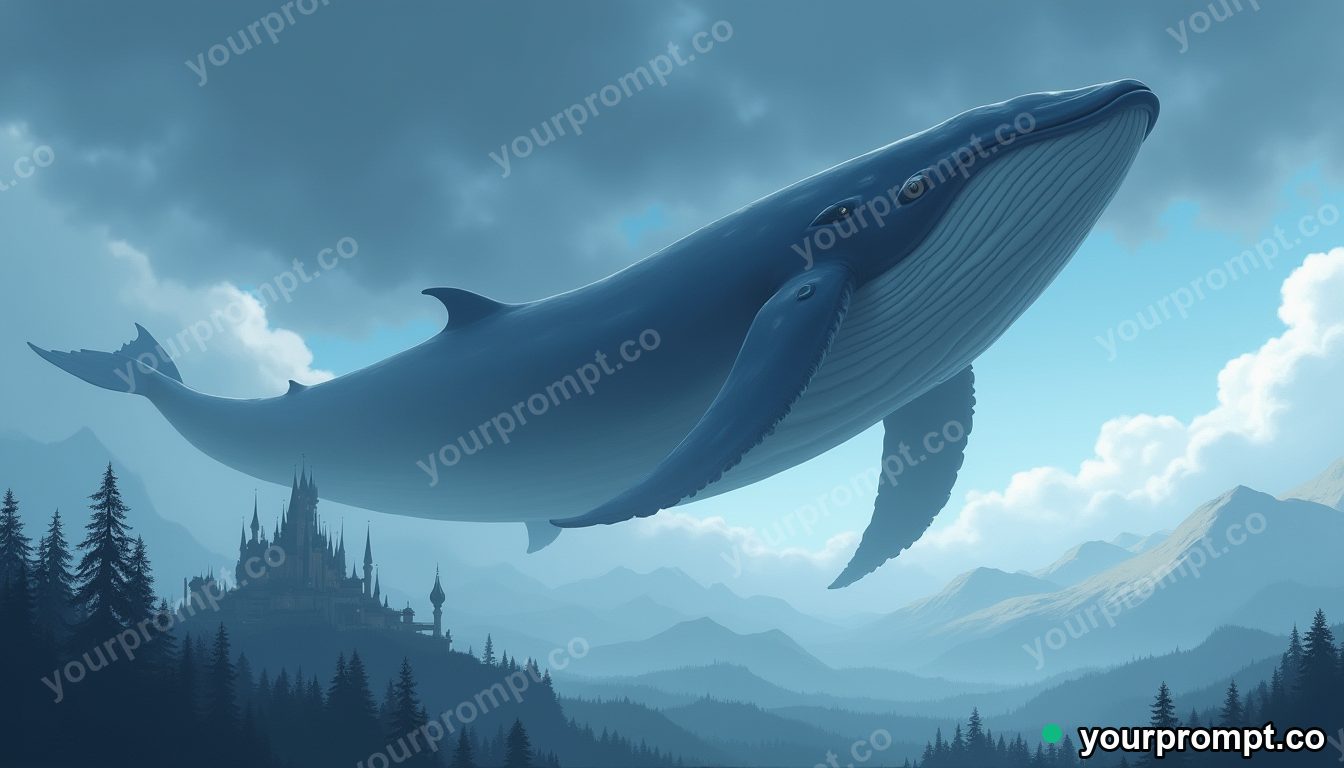 A colossal sky whale drifting above a fantasy kingdom in anime illustration style — AI-generated image from a text prompt
