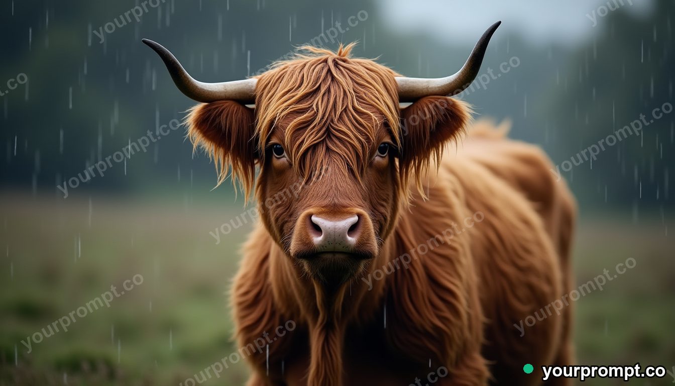 A highland cow with shaggy hair in the rain in extreme macro photography style — AI-generated image from a text prompt