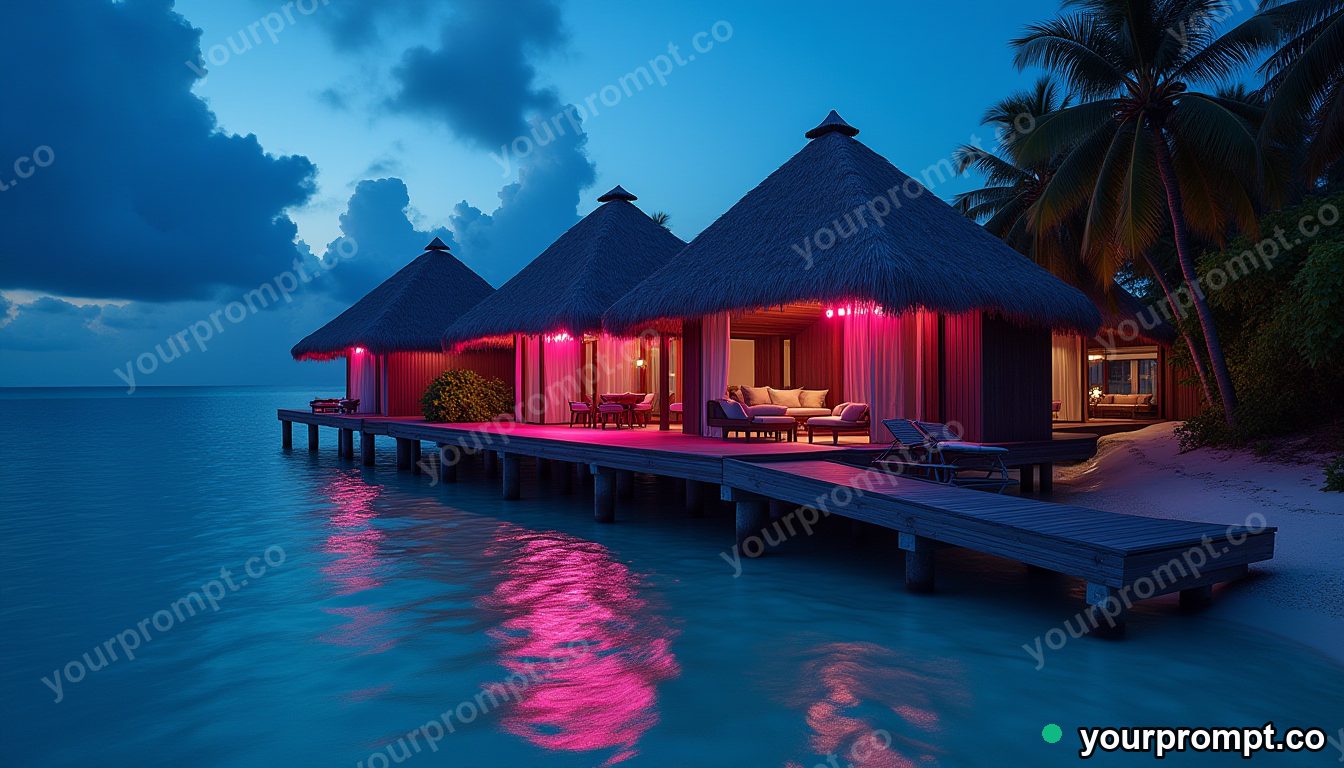 A tropical overwater bungalow in the Maldives in neon cyberpunk style — AI-generated image from a text prompt