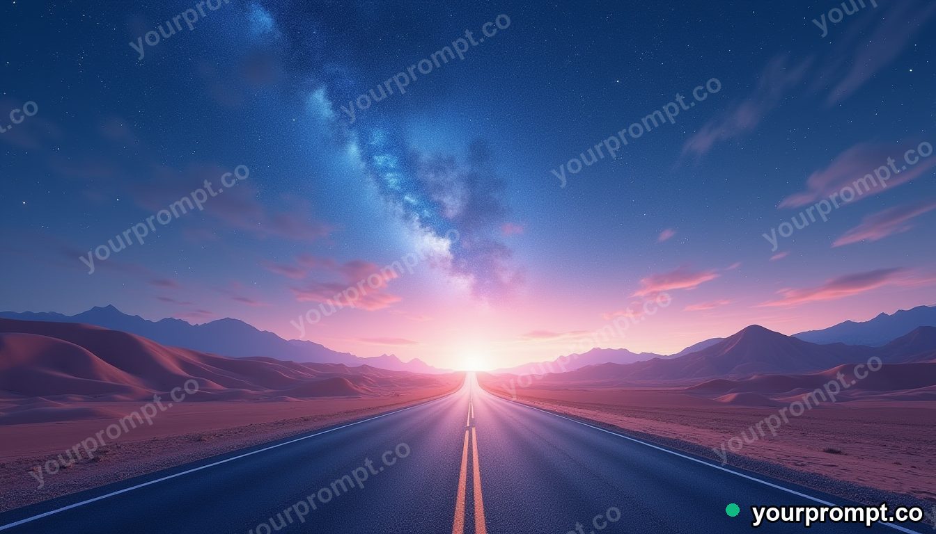 A desert highway under a vast star-filled sky in dreamy pastel style — AI-generated image from a text prompt