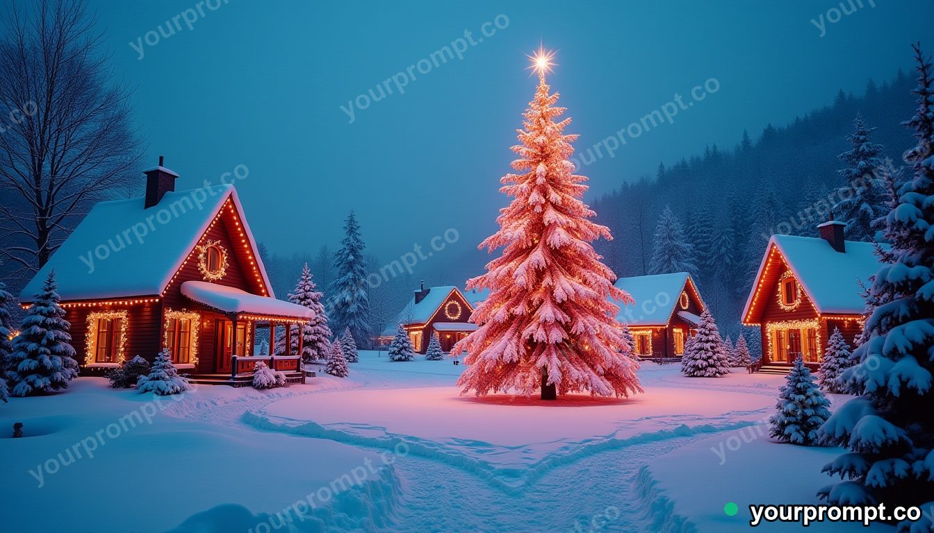 A snowy village square with a glowing Christmas tree in neon cyberpunk style — AI-generated image from a text prompt