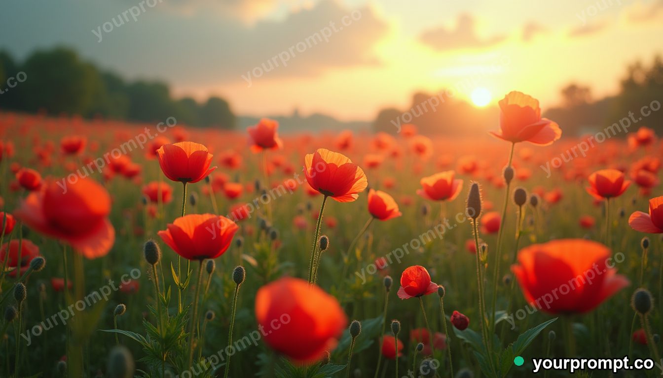 A meadow of poppies swaying in the breeze in isometric miniature style — AI-generated image from a text prompt