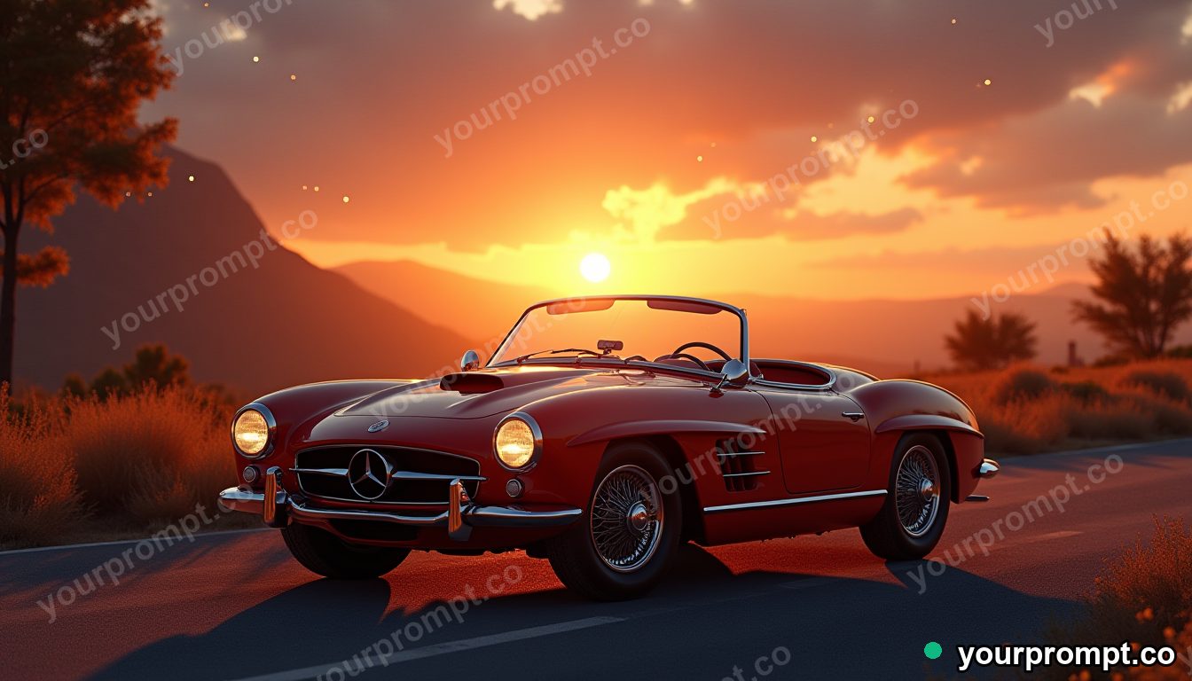 A luxury convertible grand tourer at golden hour in surreal digital art style — AI-generated image from a text prompt
