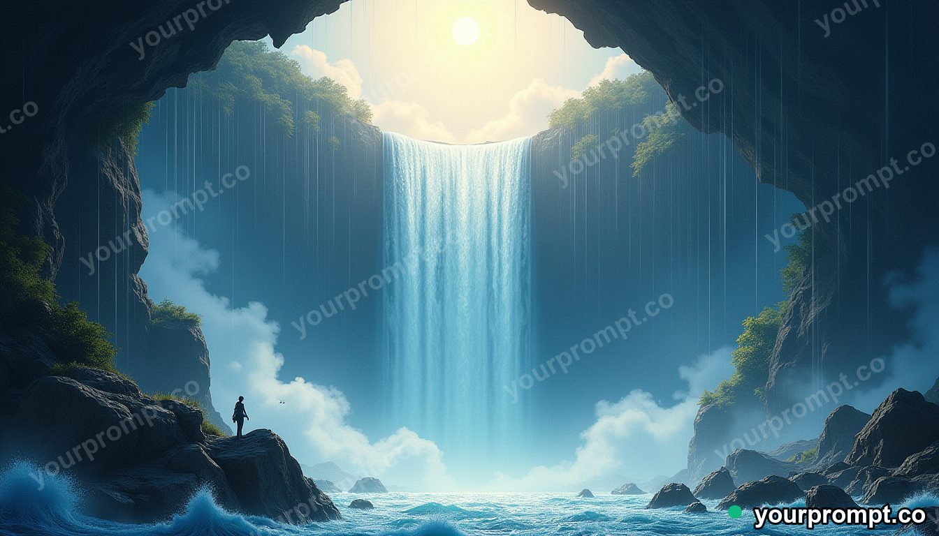 A waterfall flowing upward into a hole in the sky in ukiyo-e woodblock style — AI-generated image from a text prompt
