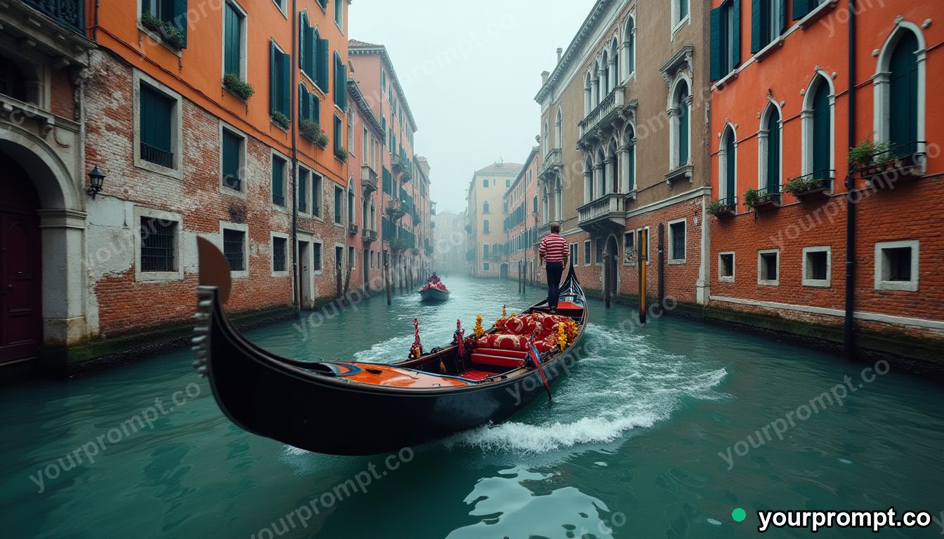 A colorful gondola gliding through a Venice canal in hyperrealistic style — AI-generated image from a text prompt