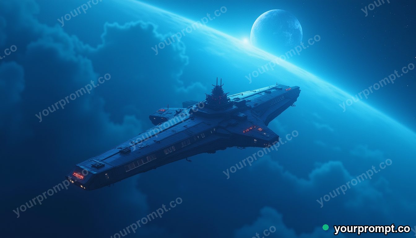 A futuristic space station orbiting a blue planet in vaporwave synthwave style — AI-generated image from a text prompt