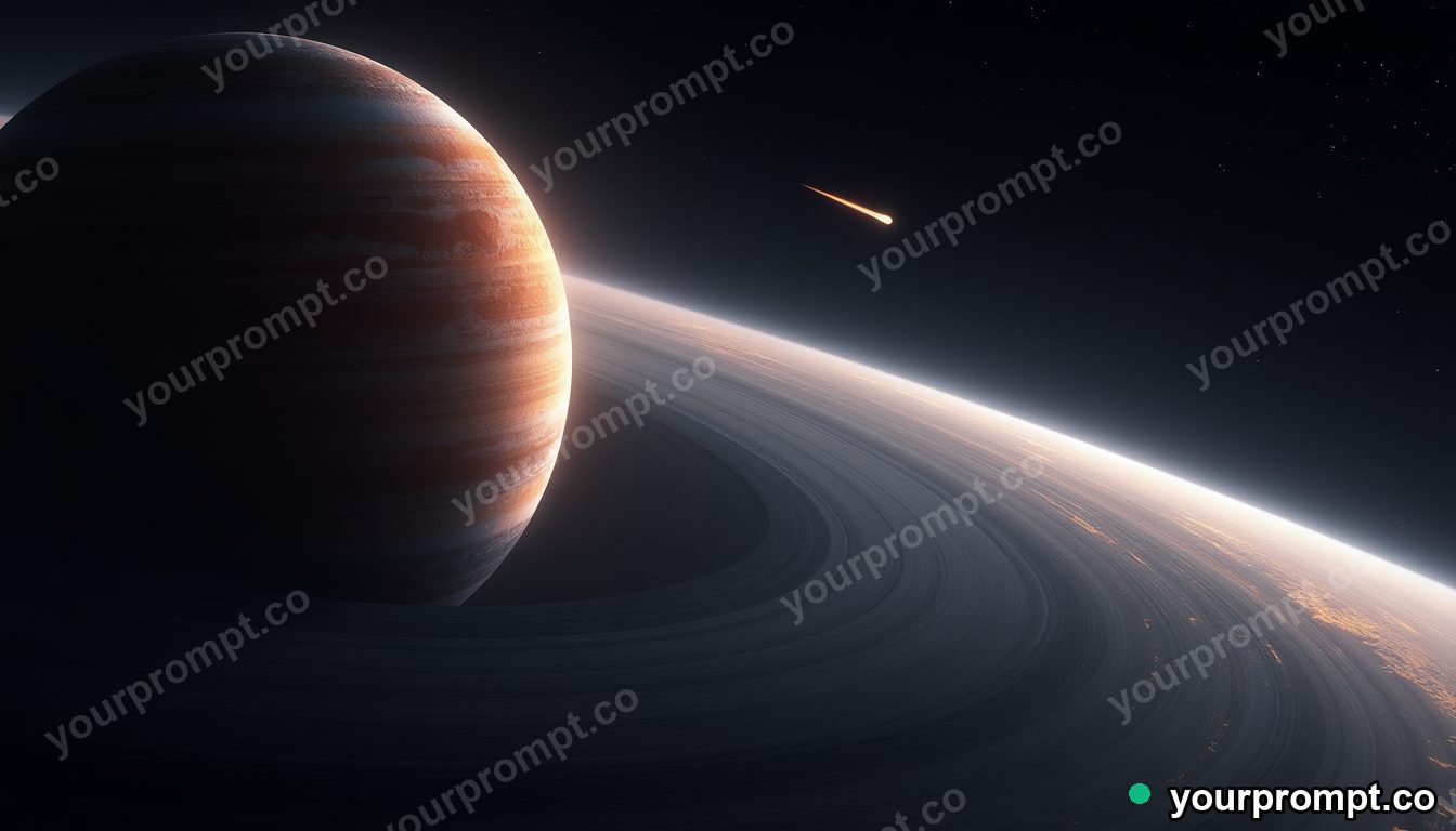 A comet streaking past a ringed planet in studio product photography style — AI-generated image from a text prompt