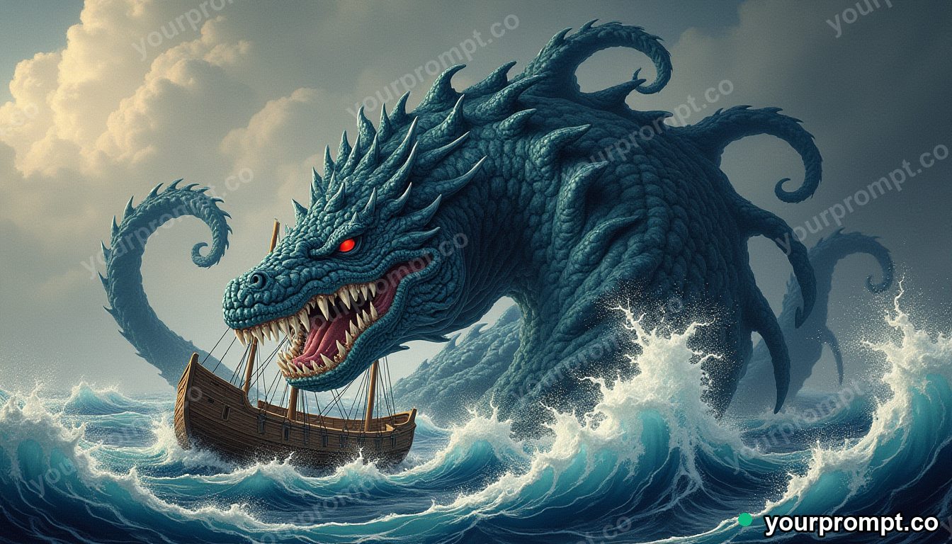 The Kraken rising to crush a wooden ship in ukiyo-e woodblock style — AI-generated image from a text prompt