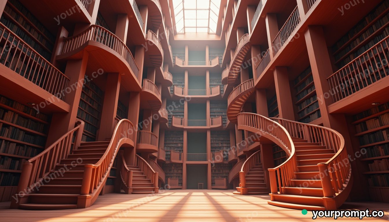 A grand library with spiral staircases and tall shelves in low-poly 3D style — AI-generated image from a text prompt