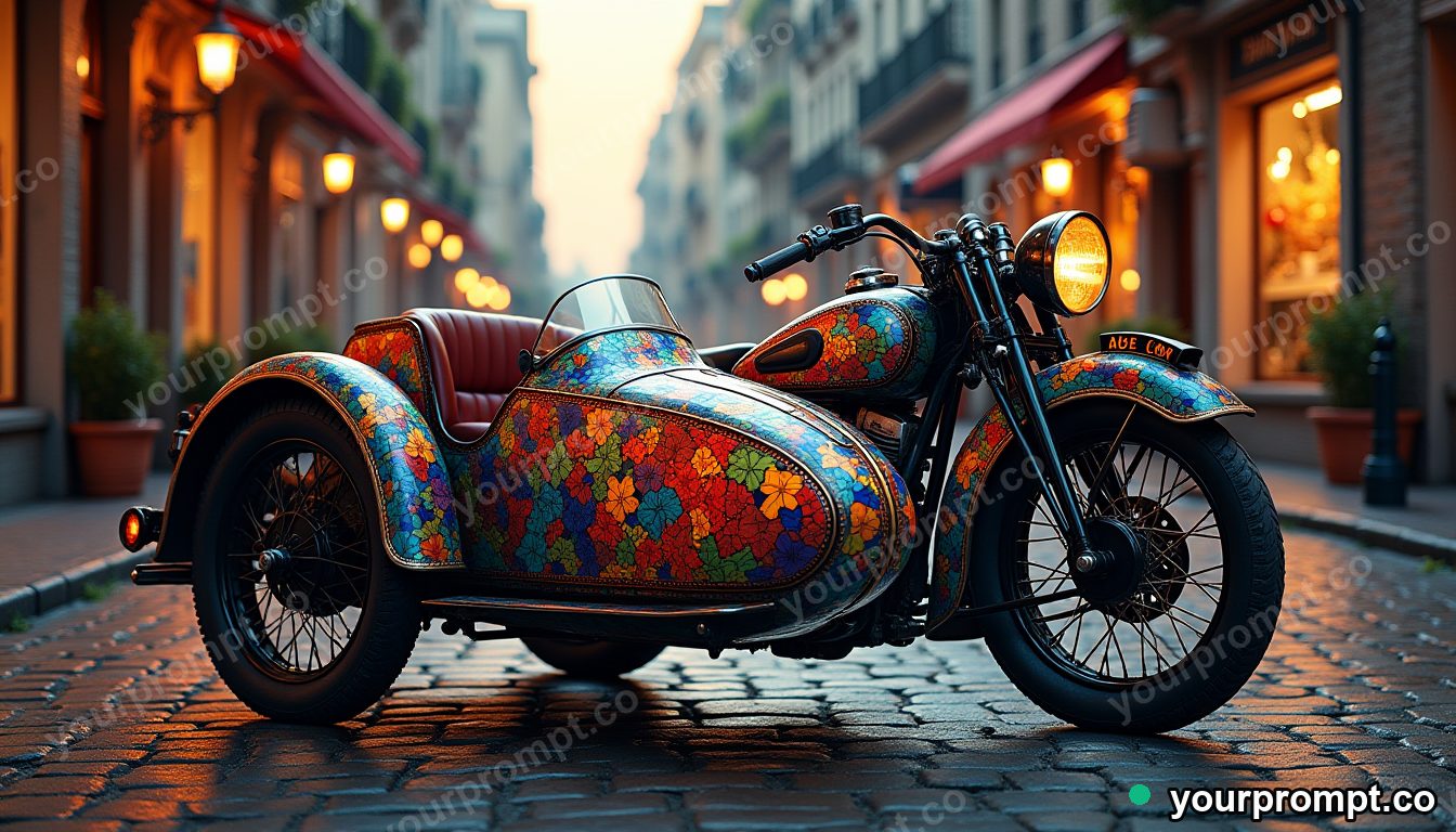 A vintage sidecar motorcycle on a cobbled street