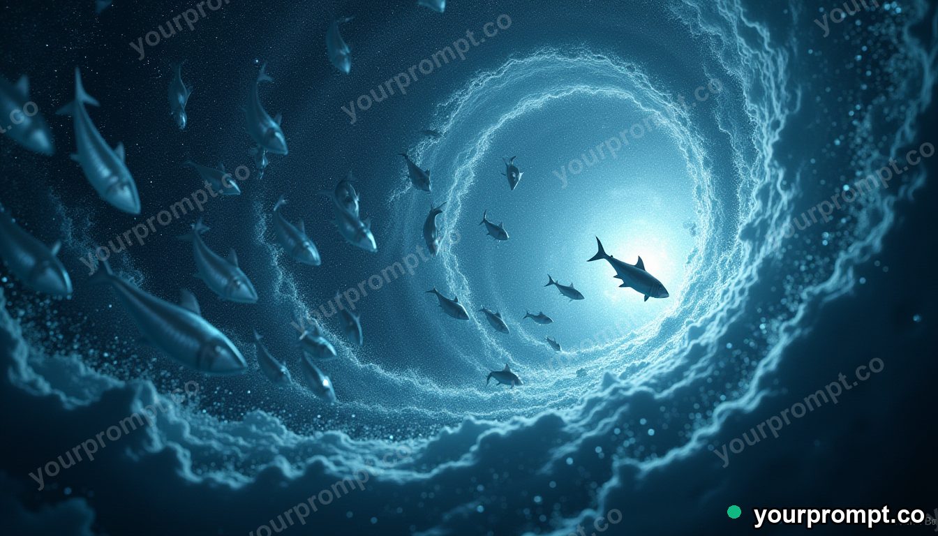 A school of silver fish swirling into a tornado in double-exposure style — AI-generated image from a text prompt