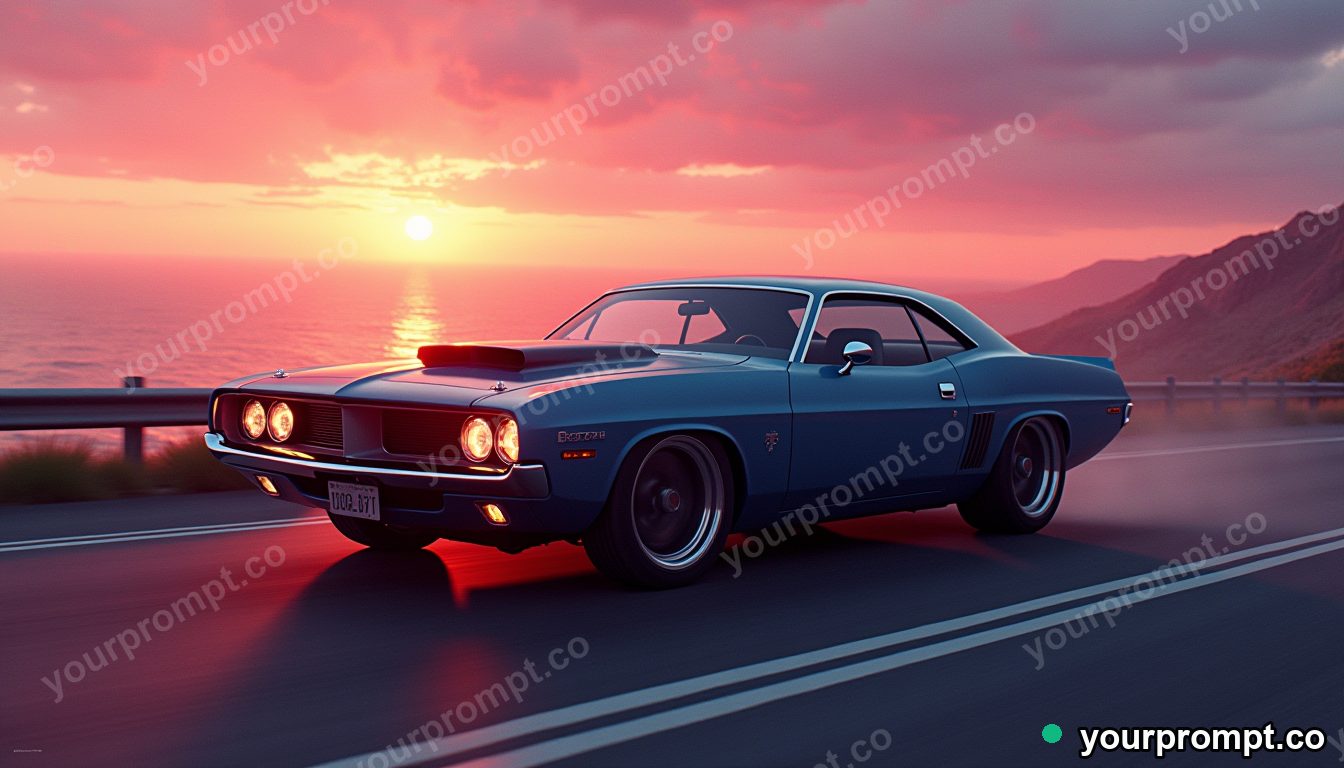 A classic 1960s American muscle car on a coastal highway in matte concept painting style — AI-generated image from a text prompt