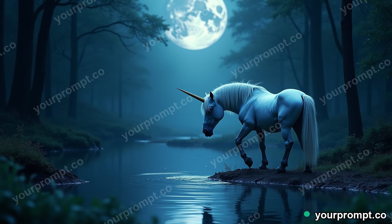 A unicorn drinking from a moonlit forest pool in matte concept painting style — AI-generated image from a text prompt