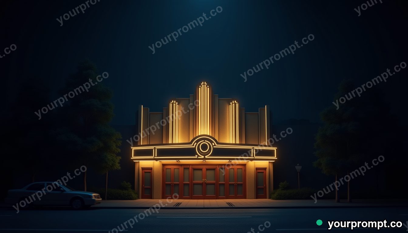 An art-deco theater facade glowing at night in claymation stop-motion style — AI-generated image from a text prompt