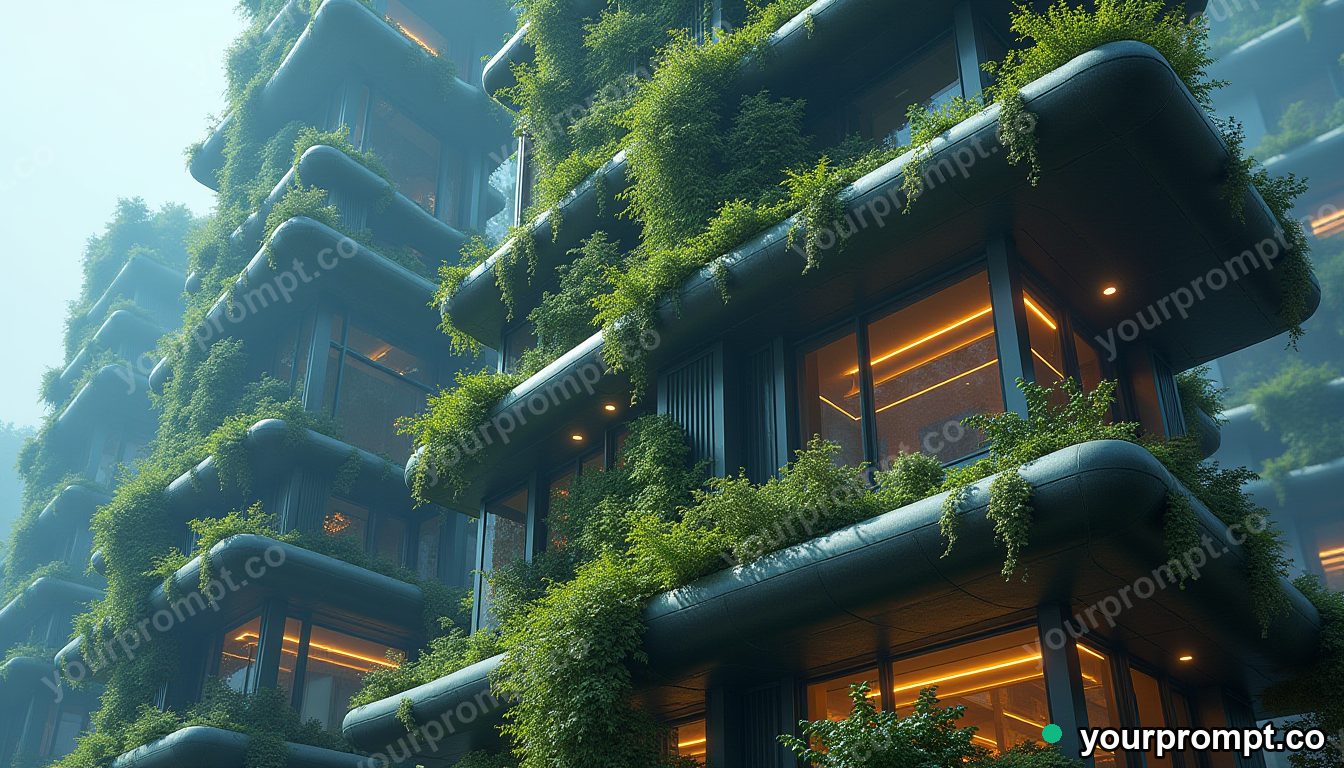 A futuristic eco-skyscraper draped in hanging gardens in double-exposure style — AI-generated image from a text prompt