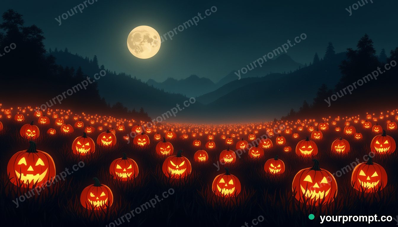 A field of jack-o-lanterns glowing in misty dusk in ukiyo-e woodblock style — AI-generated image from a text prompt