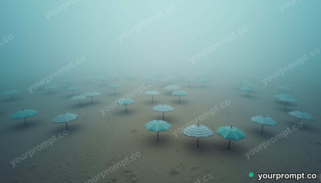 A top-down view of umbrellas scattered on a sandy beach in clean minimalist style — AI-generated image from a text prompt