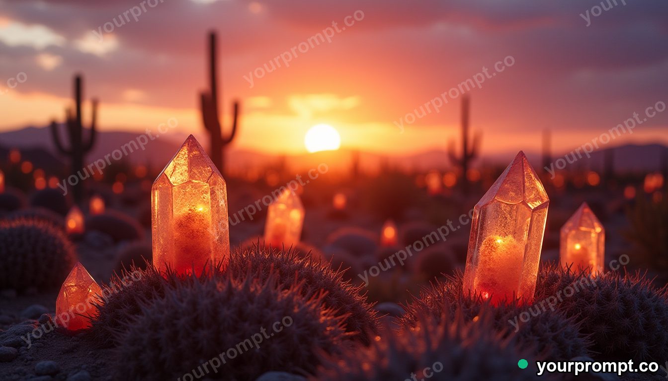 A desert with crystal cacti glowing at dusk in golden-hour photography style — AI-generated image from a text prompt